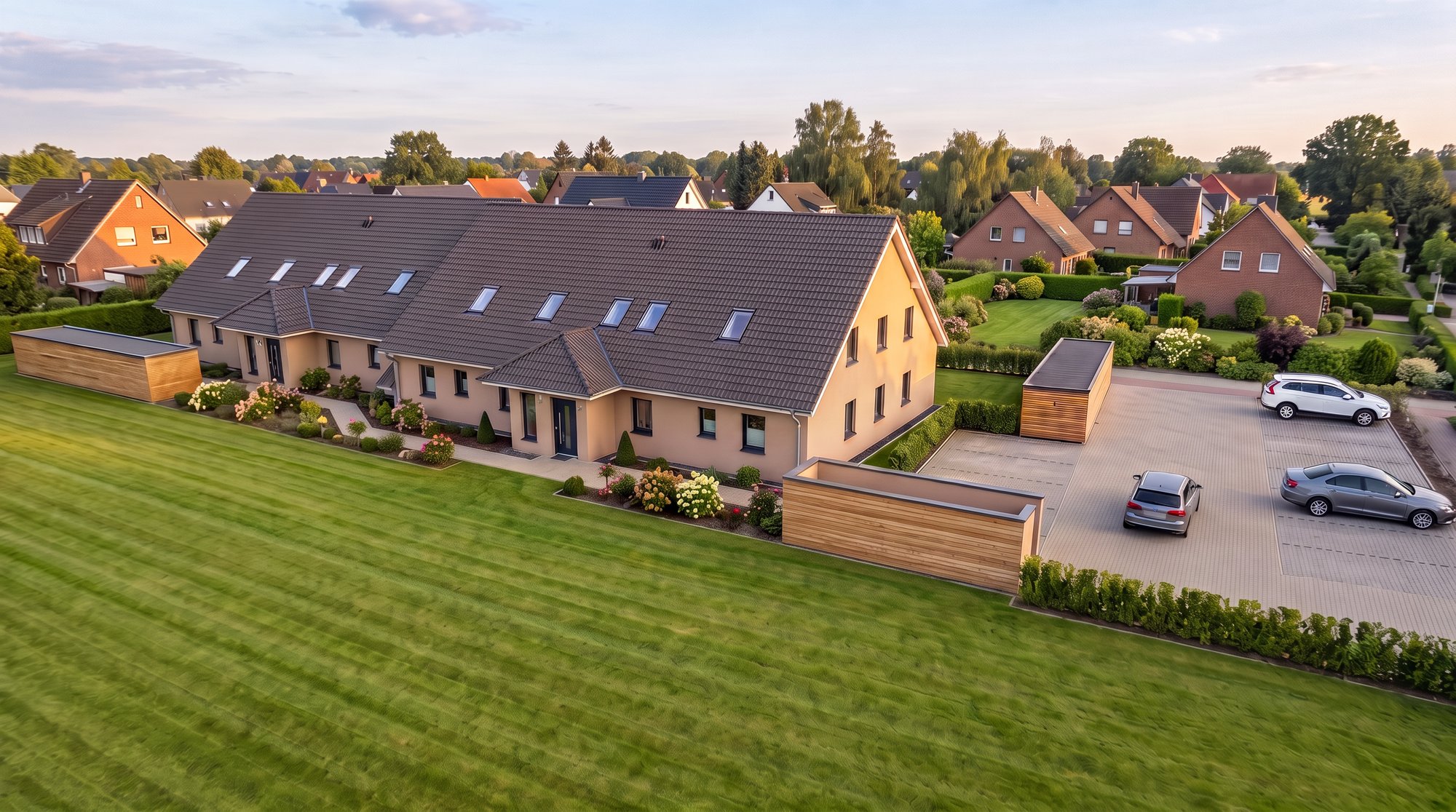 Drohnenperspektive auf die Gartenseite eines Neubaus