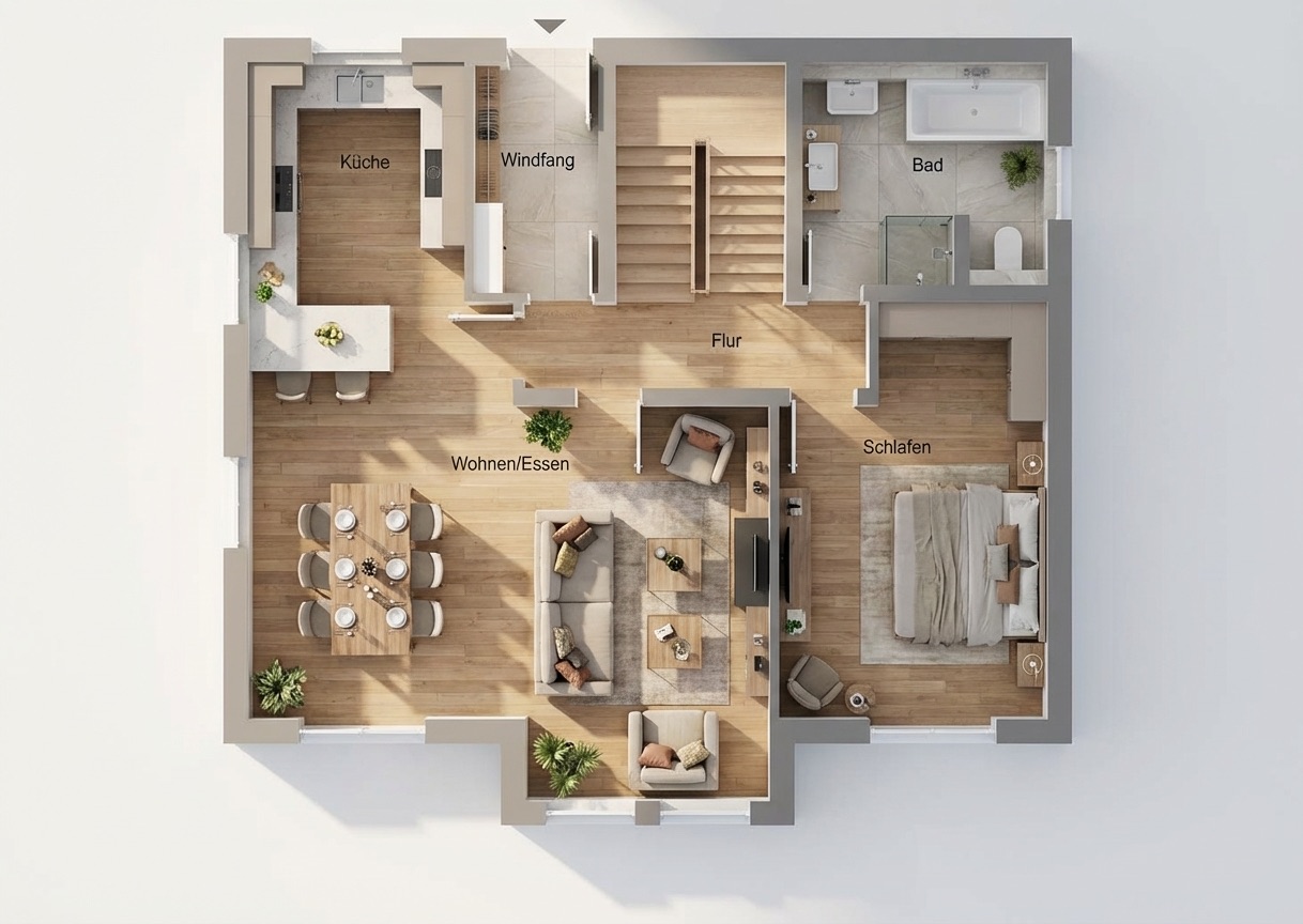 Möblierter 3D-Grundriss als Bestandteil eines Immobilien-Exposés